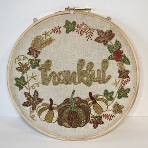 Embroidery Hoop Wall Hanging “Thankful” Wheat Material Stunning Bead Work